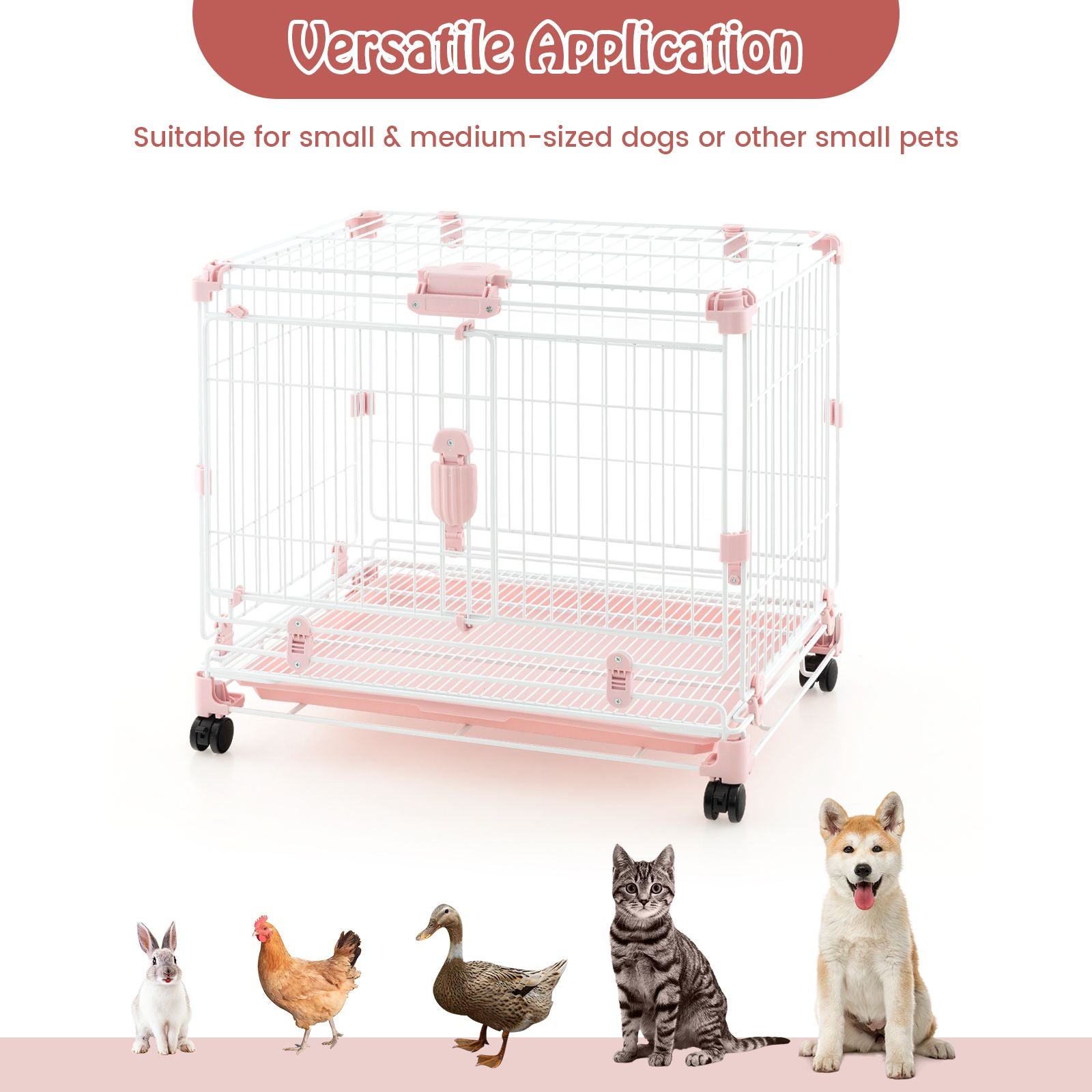 Folding Dog Kennel with Double Lockable Door and Wheels