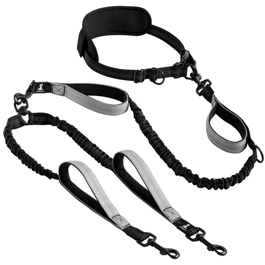 Strong Hands Free Double Dog Leash Reflective Comfortable No Tangle Padded Handle Dual Pet Lead for Medium Large Dogs