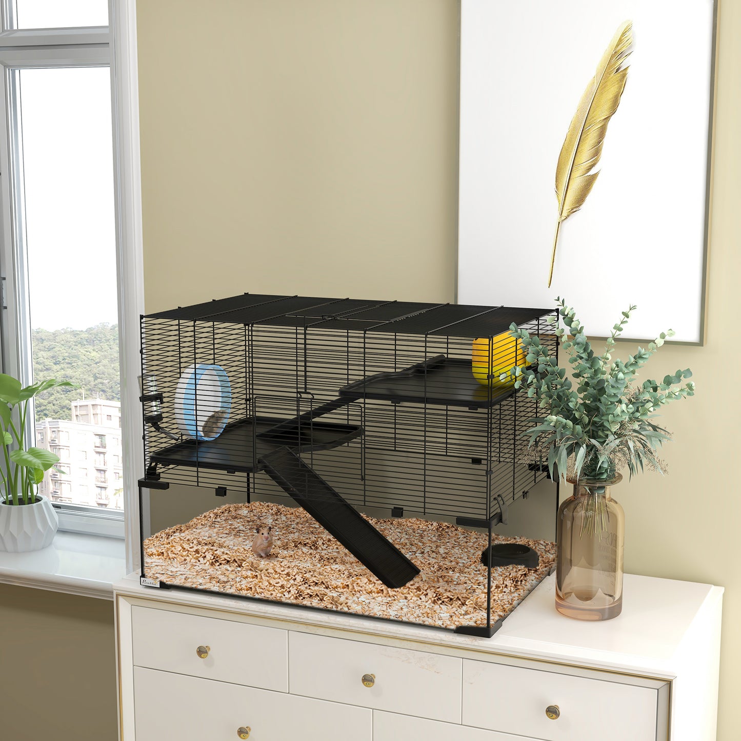 3 Tiers Hamster Cage, Gerbil Cage W/ Ramps, Exercise Wheel