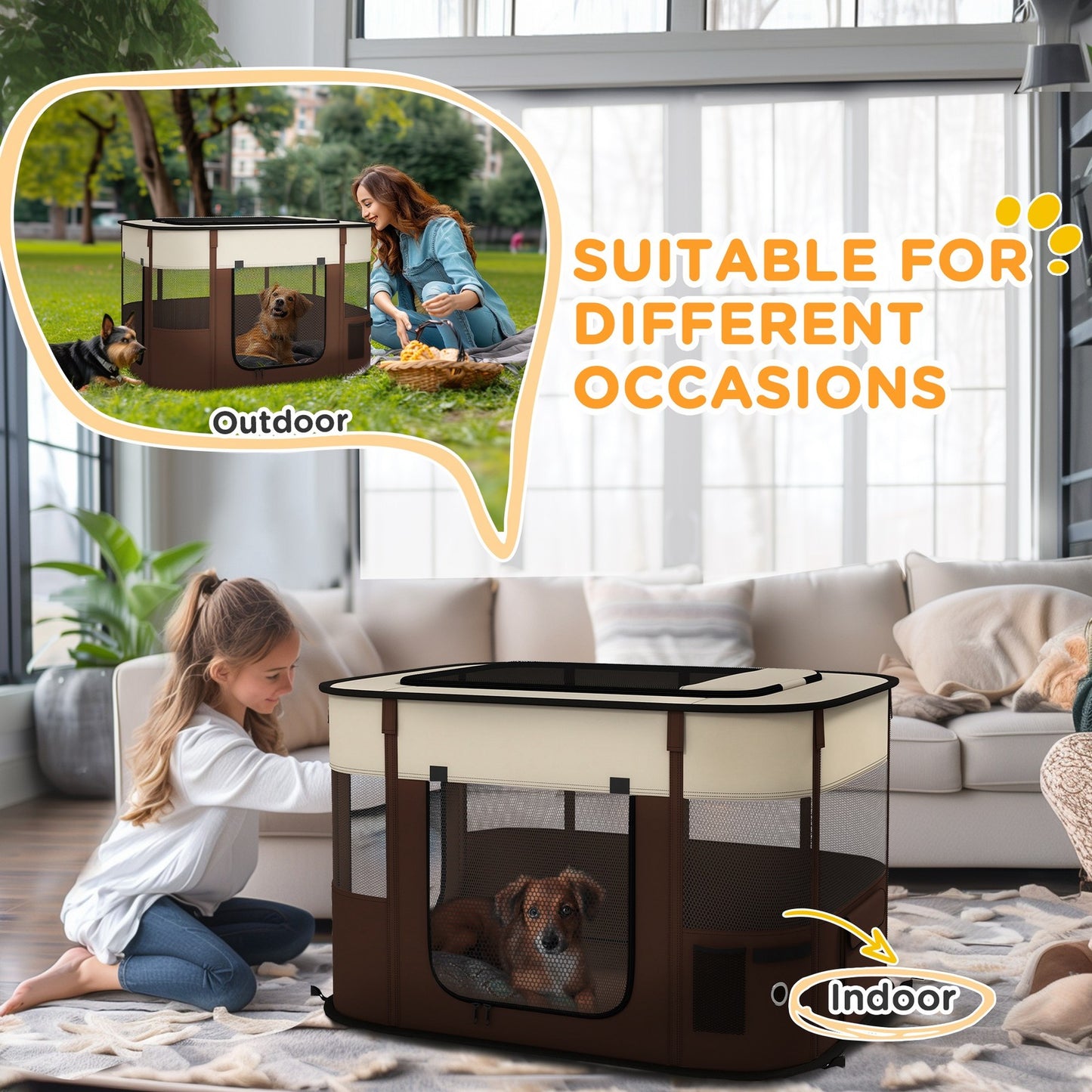 Pawhut Portable Dog Pen for Puppies, Rabbits, Kittens, Guinea Pigs - Brown