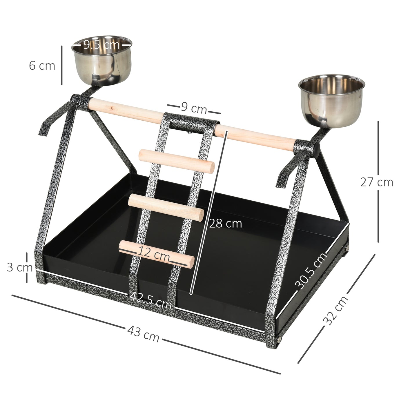 Bird Playstand with Wooden Perch Ladder Feeding Cups for Macaw Parrot Conure