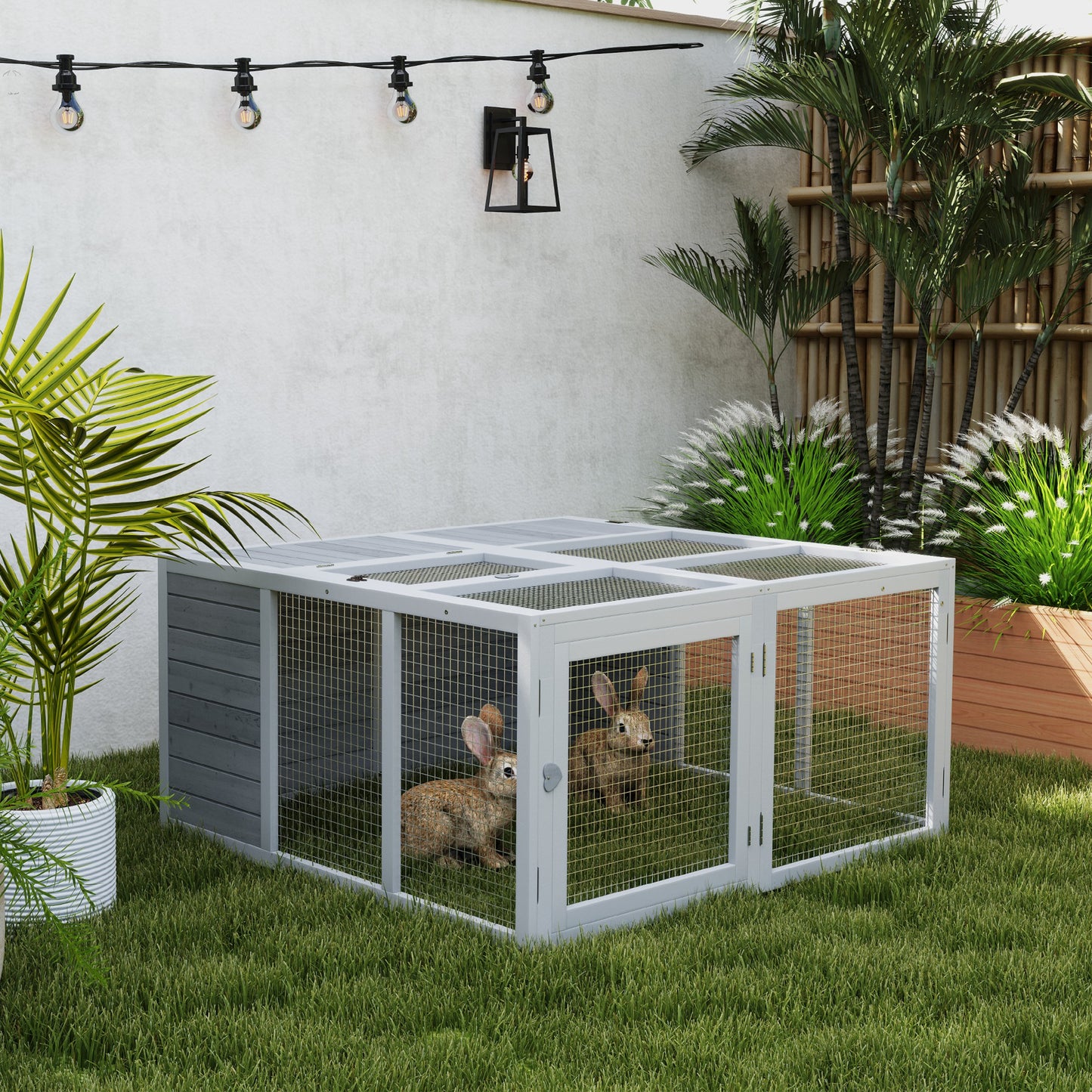 Rabbit Hutch, Bunny Cage Outdoor with Openable Roof, Folding Wooden Run, Grey
