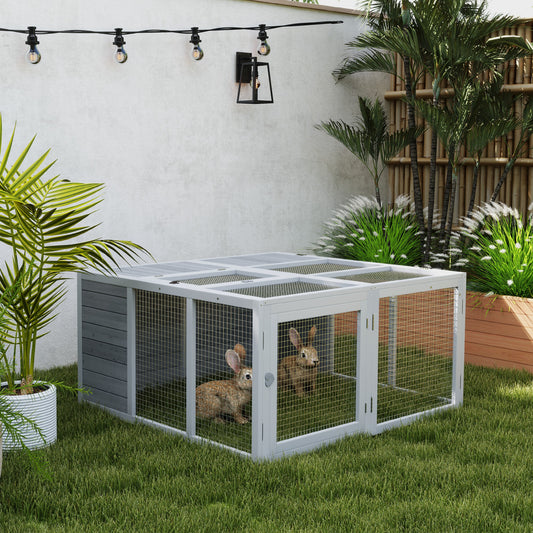 Rabbit Hutch, Bunny Cage Outdoor with Openable Roof, Folding Wooden Run, Grey