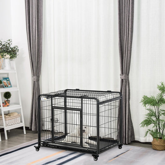 Pawhut 69.5X94Cm Metal Dog Cage Kennel W/ Locking Door & Wheels Medium Pets
